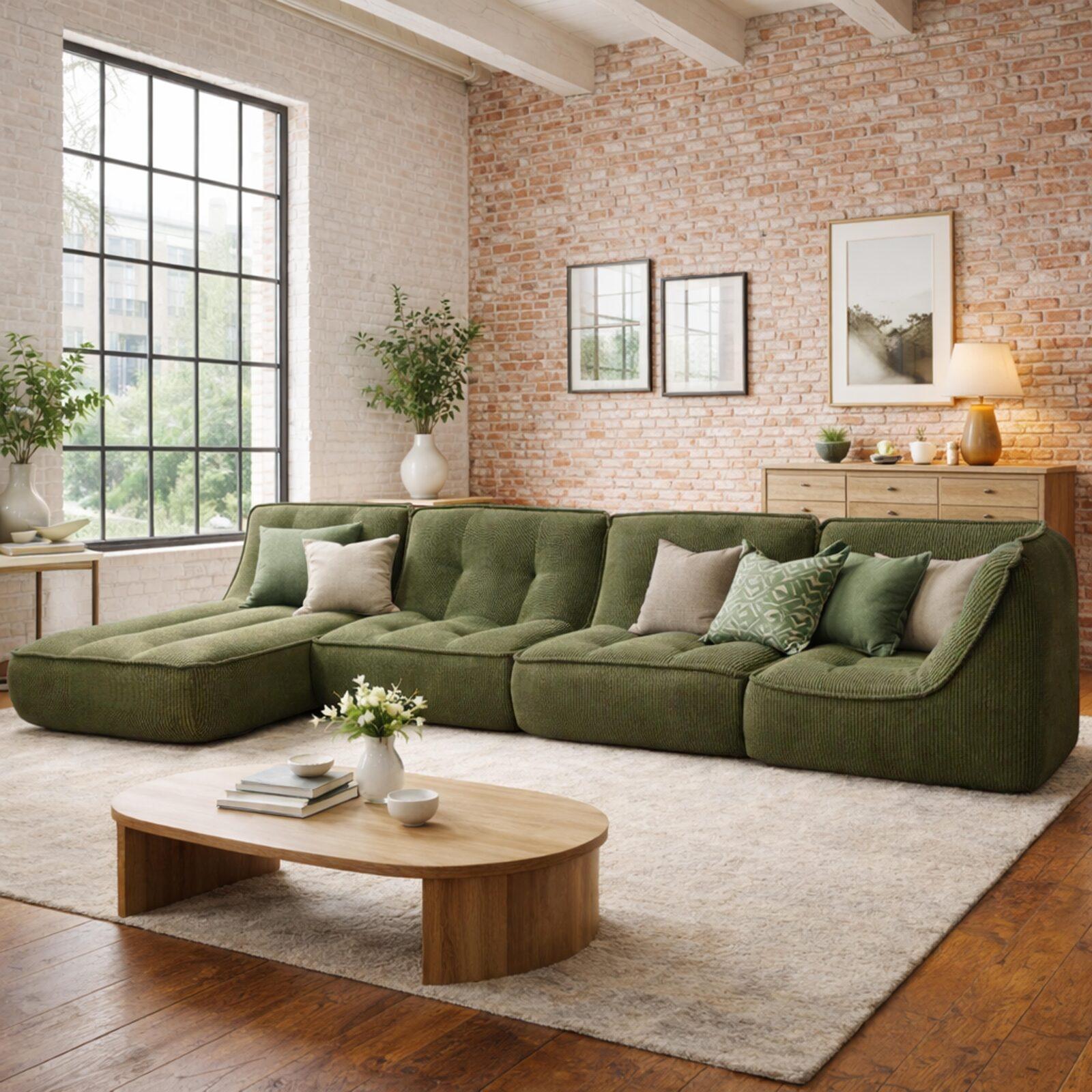 Divano modulare 4 posti in tessuto a coste con chaise longue