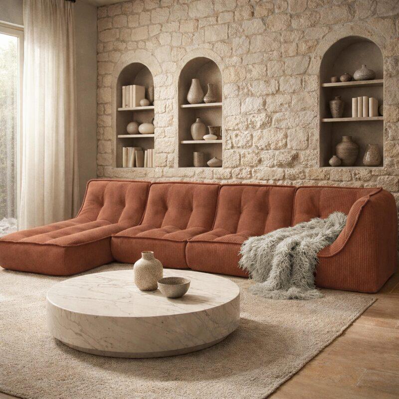 Divano modulare 4 posti in tessuto a coste con chaise longue