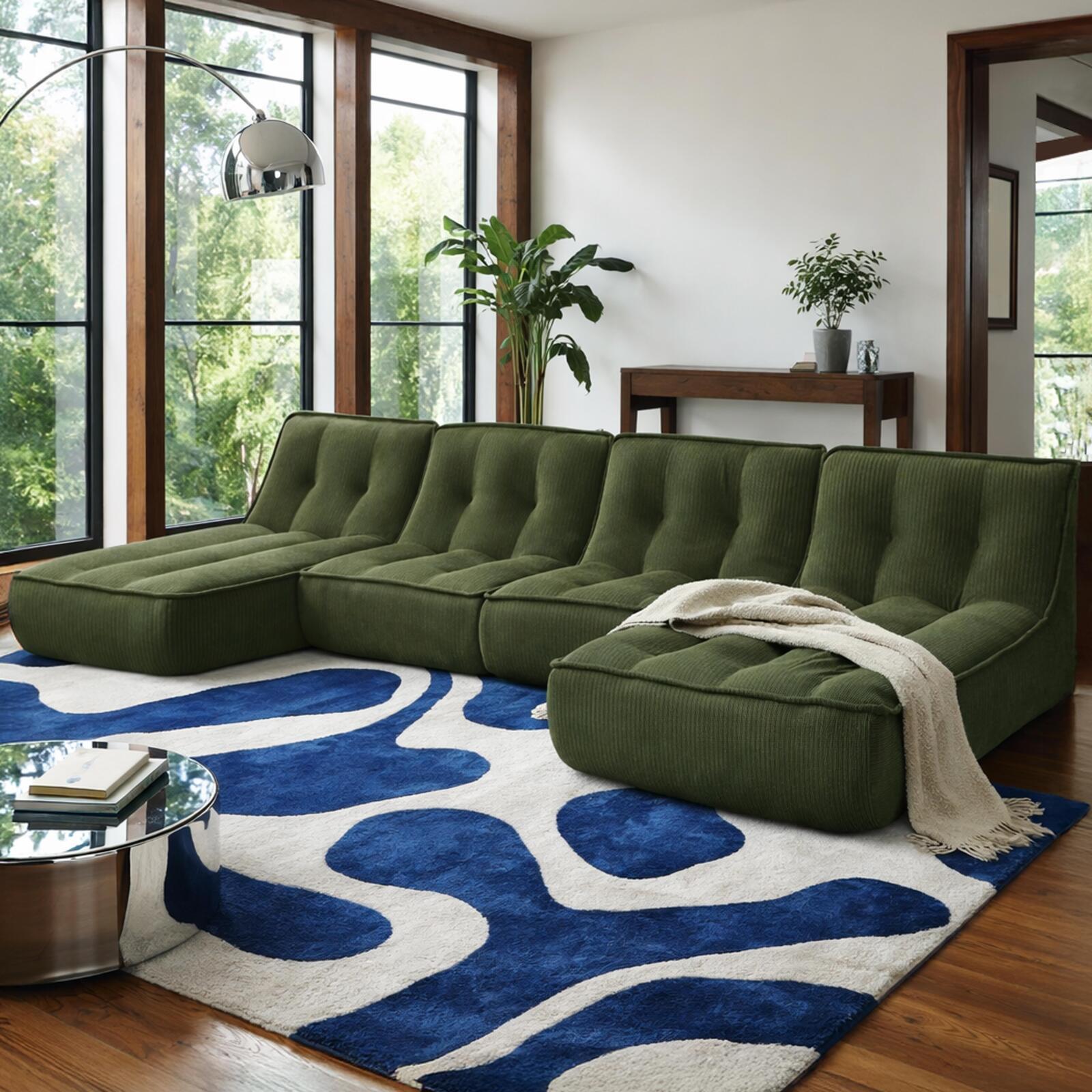 Divano modulare 4 posti in tessuto a coste con chaise longue