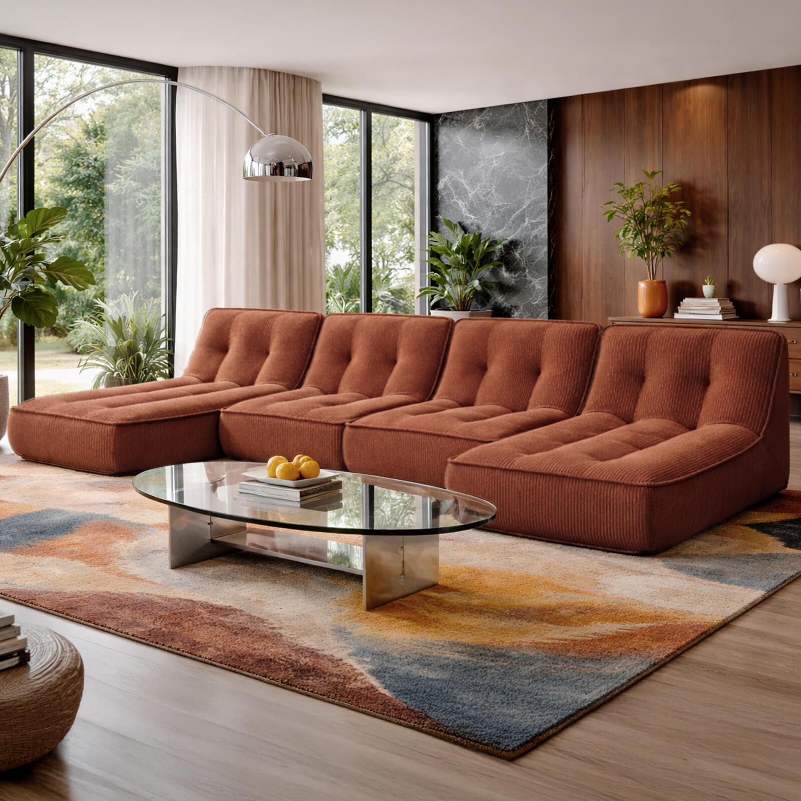 Divano modulare 4 posti in tessuto a coste con chaise longue