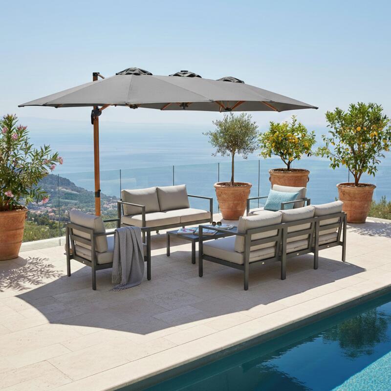 Ombrellone a braccio a 3 teste 4,5x2,65 m con albero rotante a 360° in effetto legno e copertura di protezione