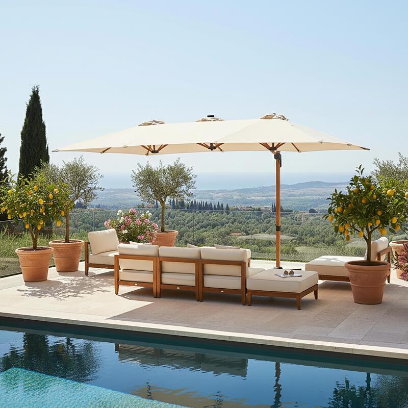 Ombrellone a braccio a 3 teste 4,5x2,65 m con albero rotante a 360° in effetto legno e copertura di protezione