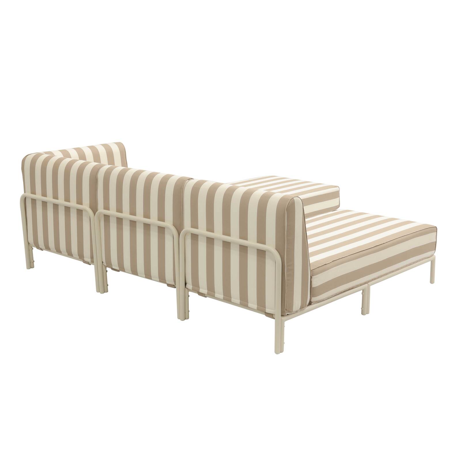 Divano modulare da esterno a righe 4 posti con 1 poltrona, 1 poltrona angolare, 1 chaise longue e 1 pouf