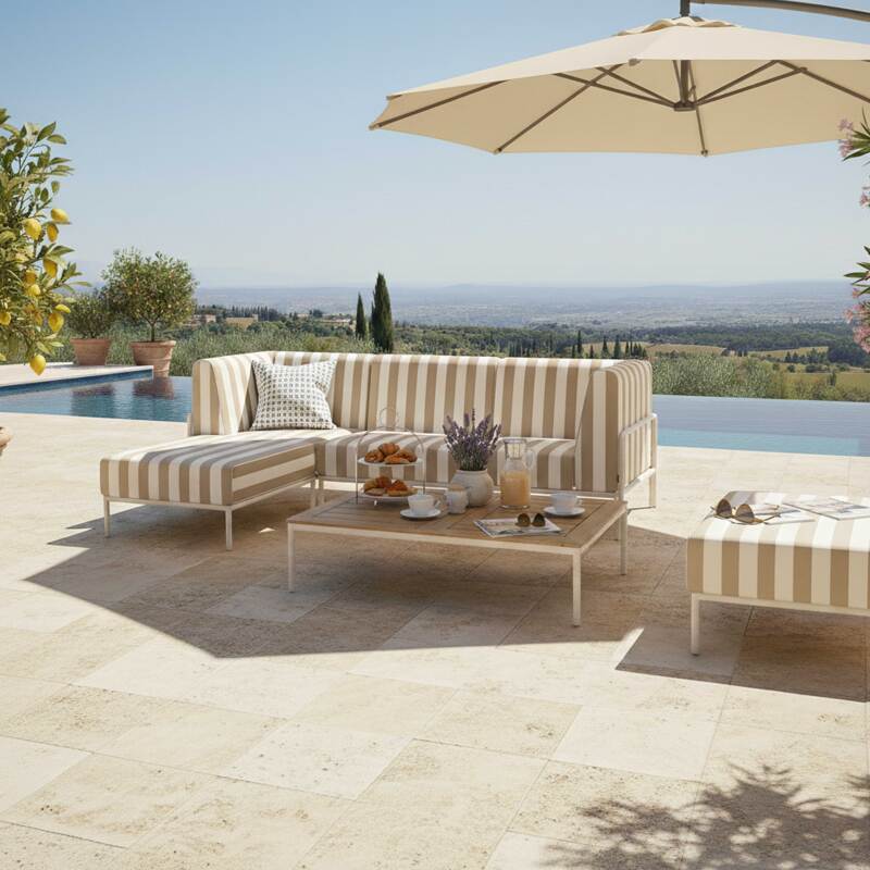 Divano modulare da esterno a righe 4 posti con 1 poltrona, 1 poltrona angolare, 1 chaise longue e 1 pouf (7/8)