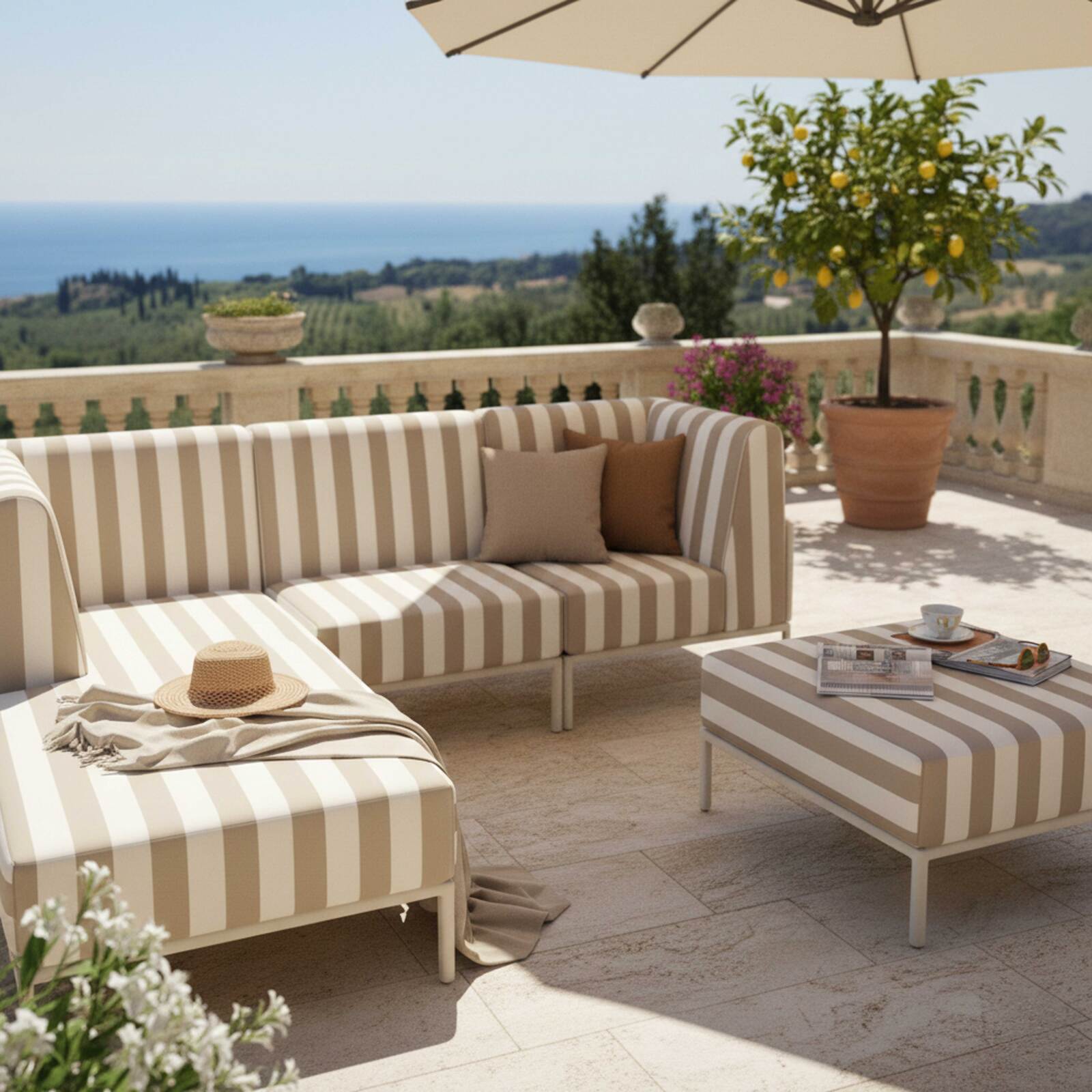 Divano modulare da esterno a righe 4 posti con 1 poltrona, 1 poltrona angolare, 1 chaise longue e 1 pouf