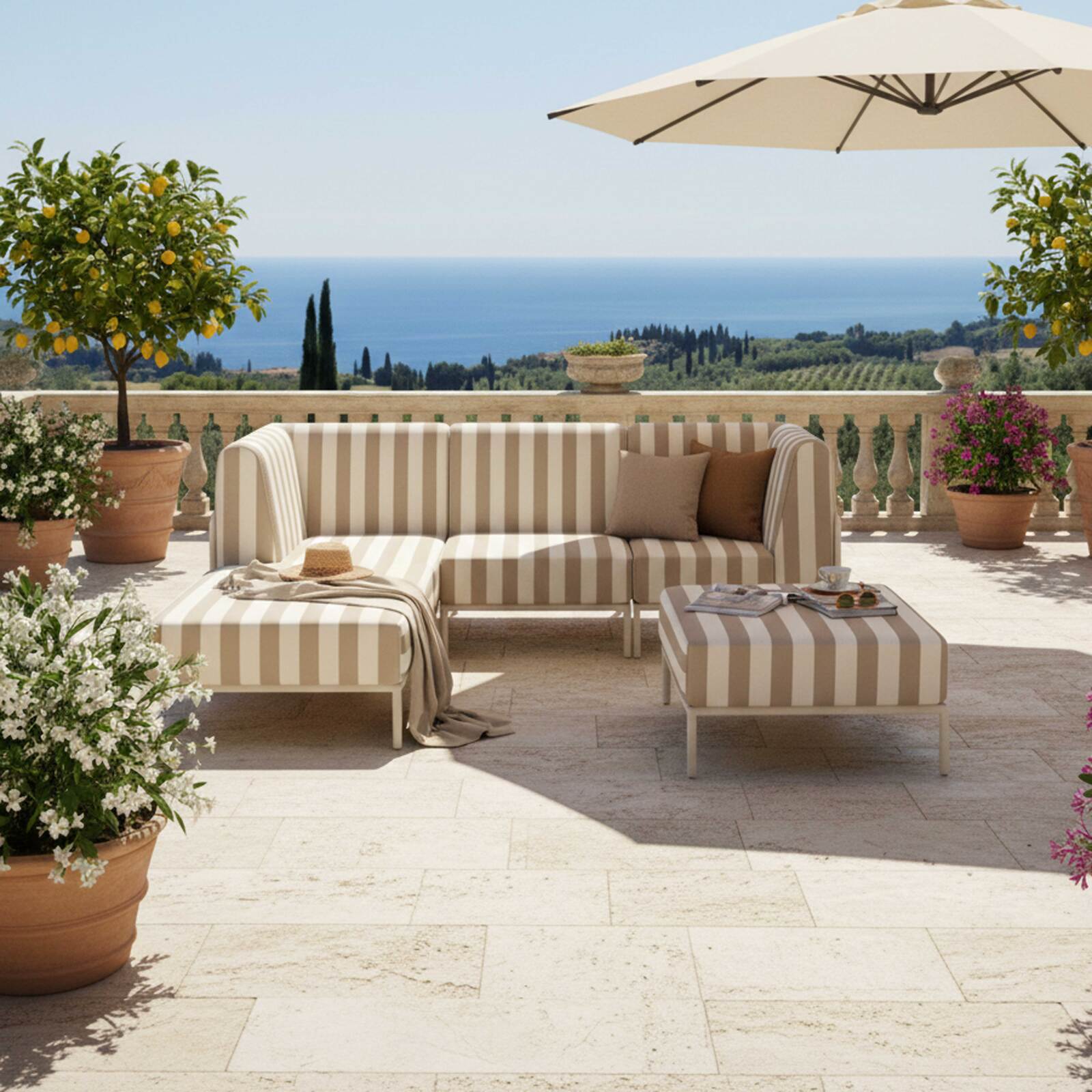 Divano modulare da esterno a righe 4 posti con 1 poltrona, 1 poltrona angolare, 1 chaise longue e 1 pouf