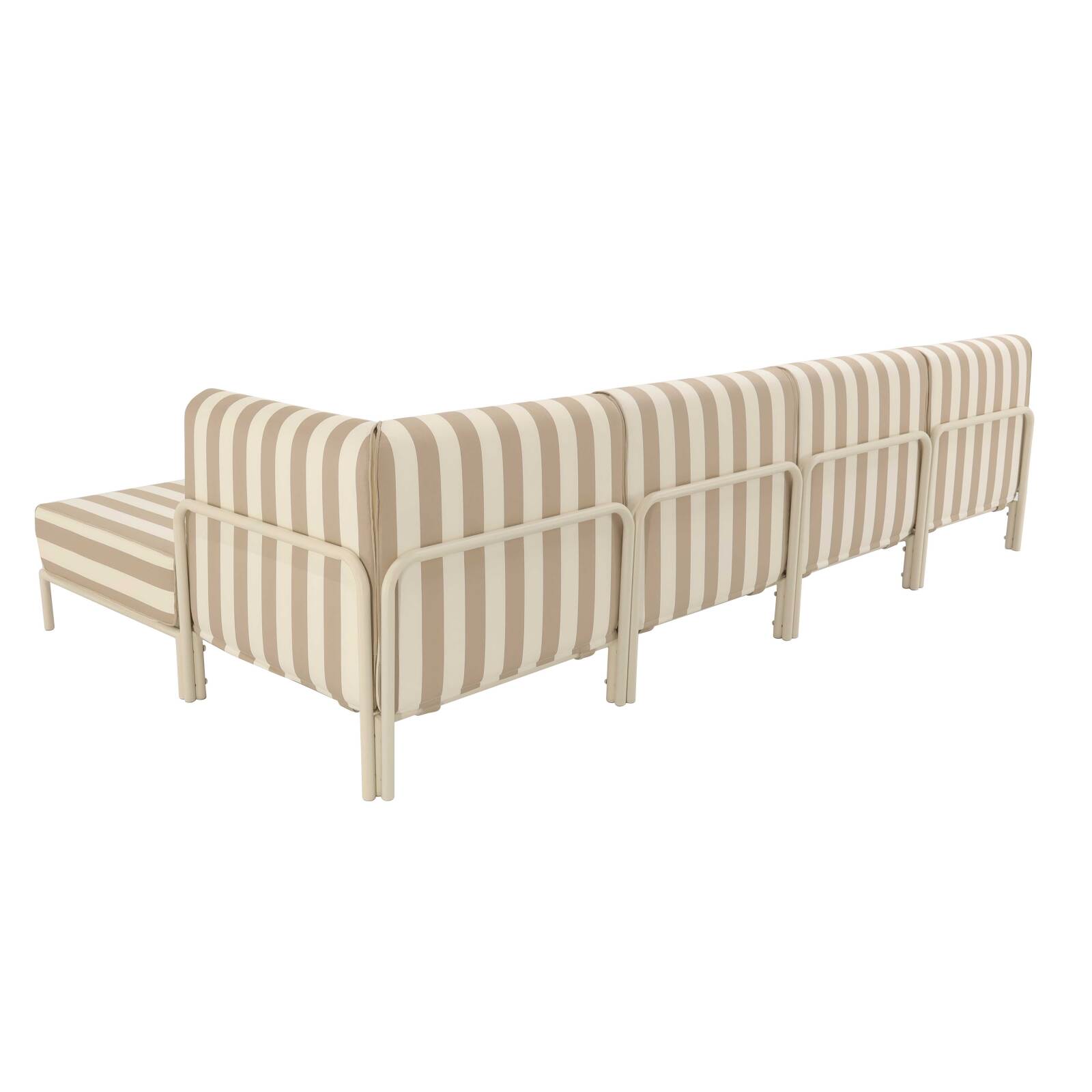 Divano modulare da esterno a righe 5 posti con 2 poltrone, 1 poltrona angolare, 1 chaise longue e 1 pouf