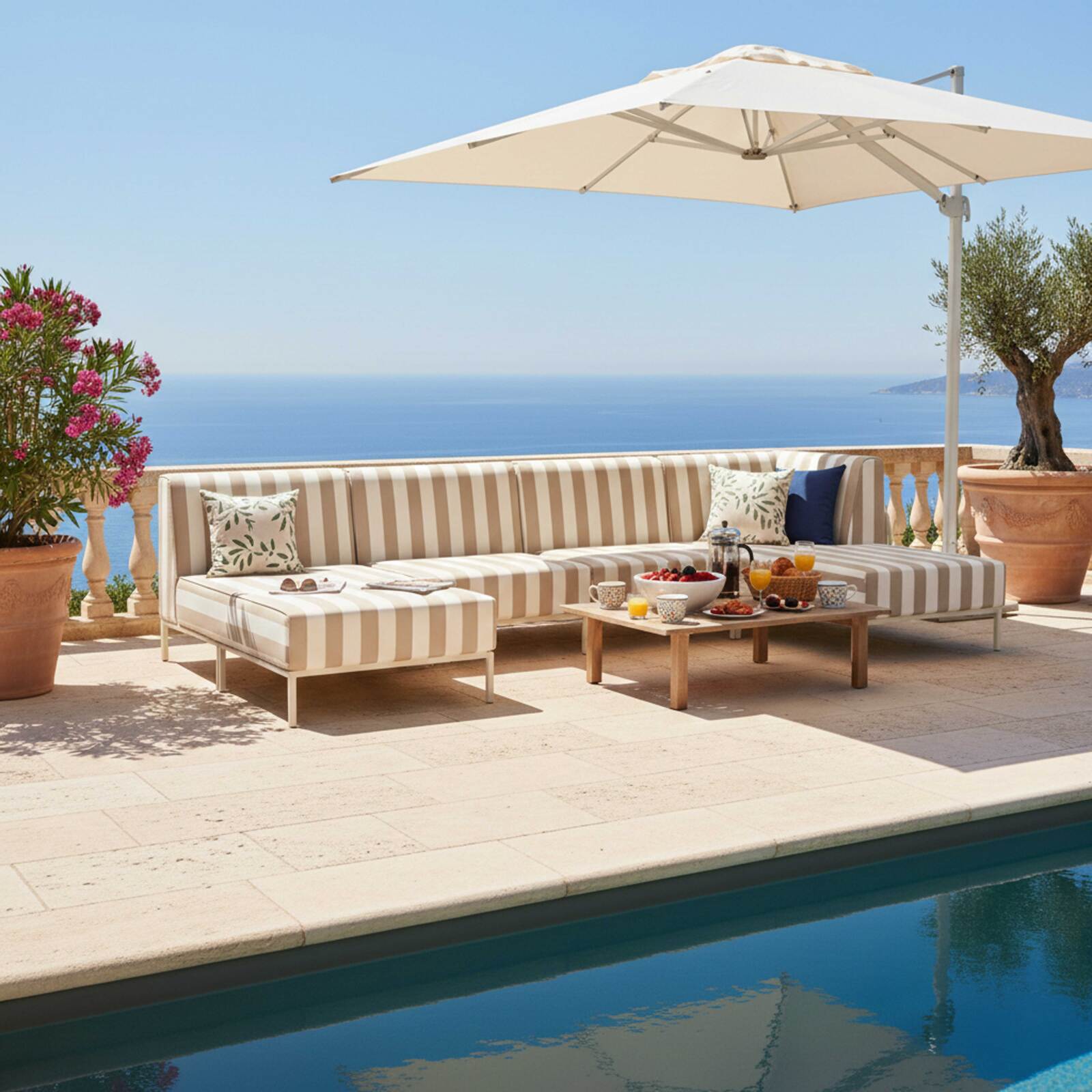 Divano modulare da esterno a righe 5 posti con 2 poltrone, 1 poltrona angolare, 1 chaise longue e 1 pouf