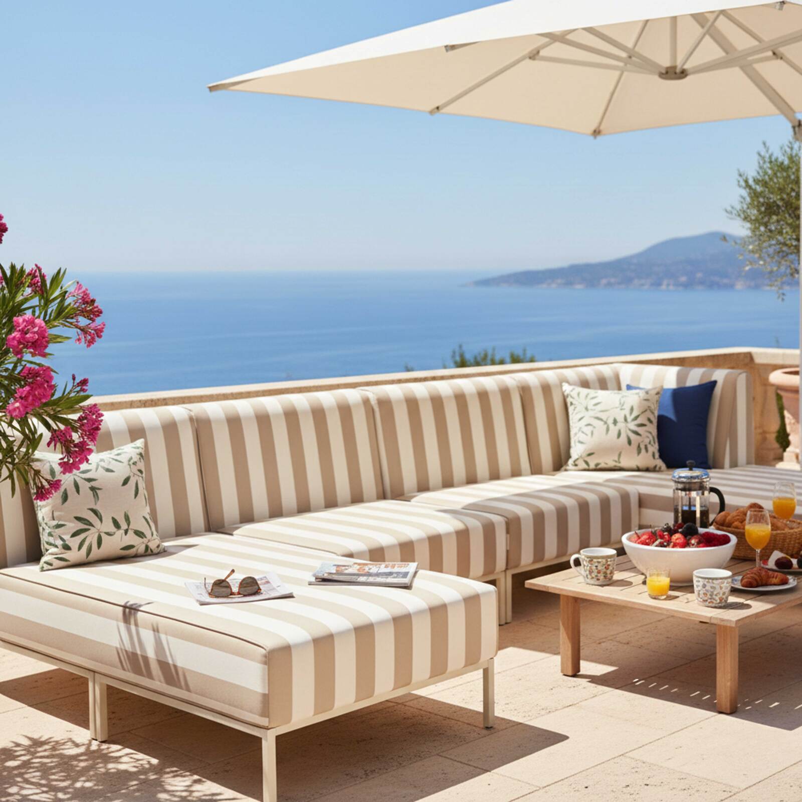 Divano modulare da esterno a righe 5 posti con 2 poltrone, 1 poltrona angolare, 1 chaise longue e 1 pouf