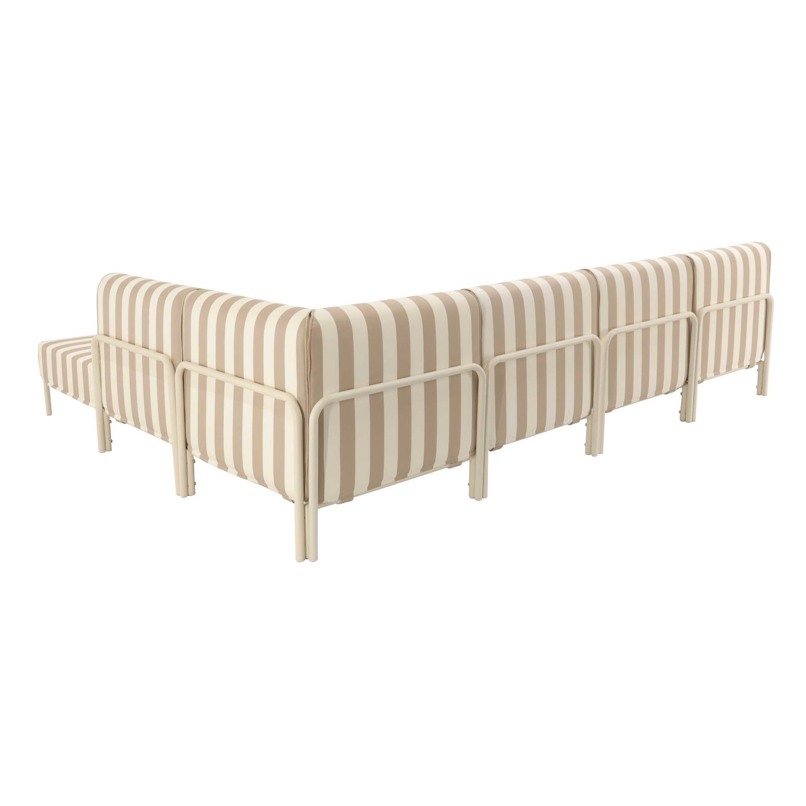 Divano modulare da esterno a righe 6 posti con 3 poltrone, 1 poltrona angolare, 1 chaise longue e 1 pouf