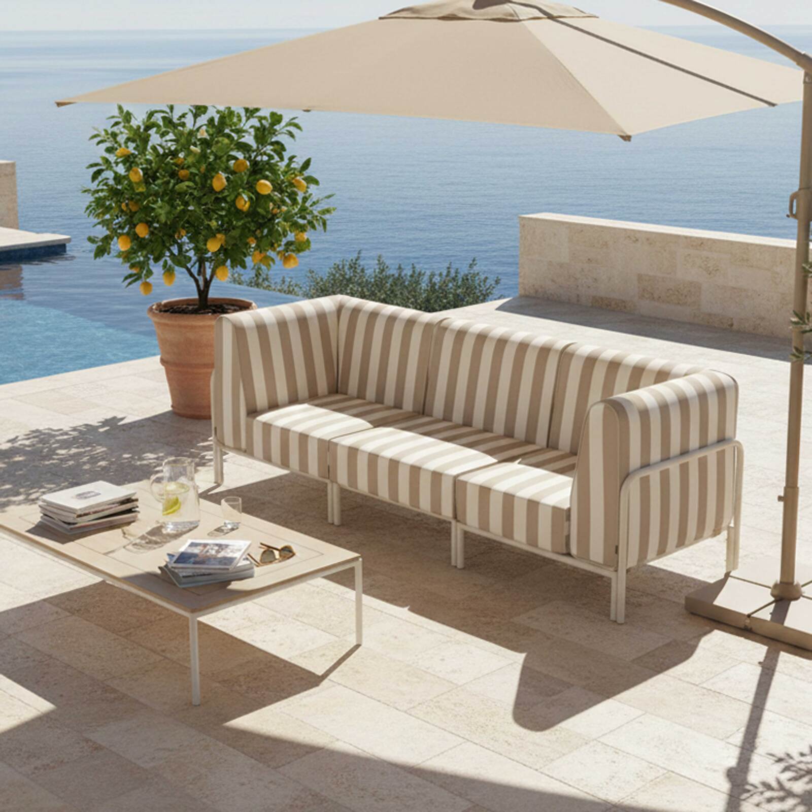 Divano modulare da esterno a righe 3 posti con 1 poltrona e 2 poltrone angolari