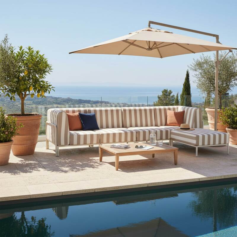 Divano modulare da esterno a righe 5 posti con 2 poltrone, 2 poltrone angolari e 1 pouf (7/8)