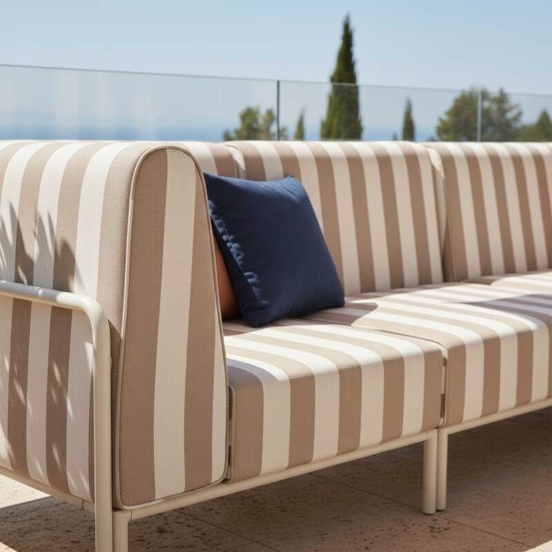 Divano modulare da esterno a righe 5 posti con 2 poltrone, 2 poltrone angolari e 1 pouf (3/8)