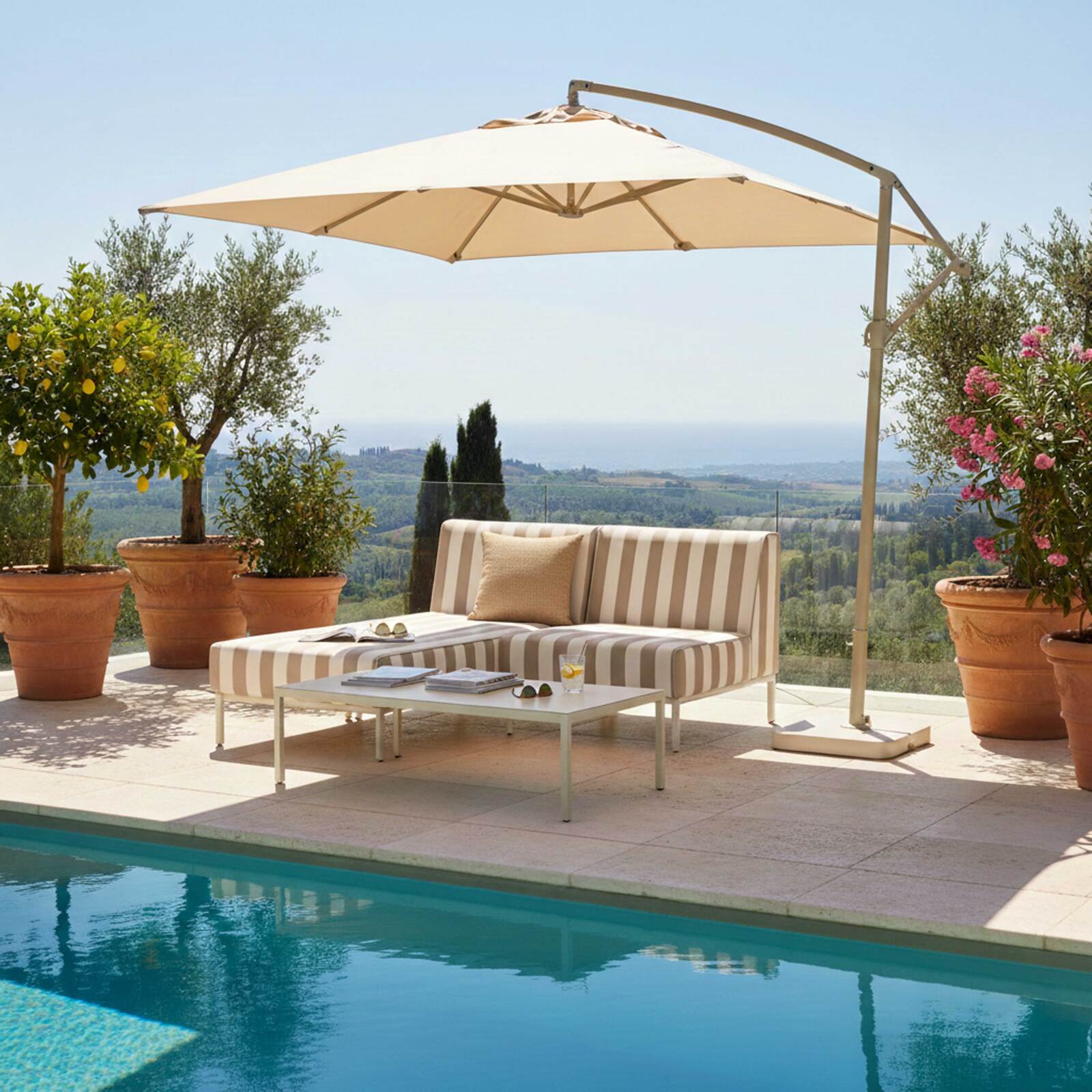 Divano modulare da esterno a righe 2 posti con 1 poltrona e 1 chaise longue