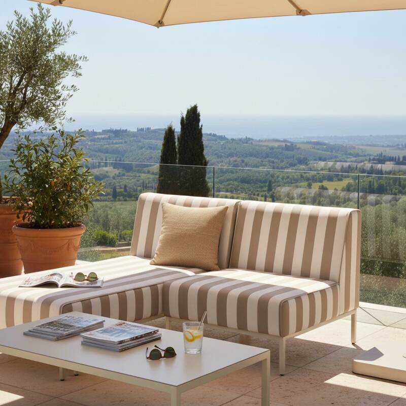 Divano modulare da esterno a righe 2 posti con 1 poltrona e 1 chaise longue