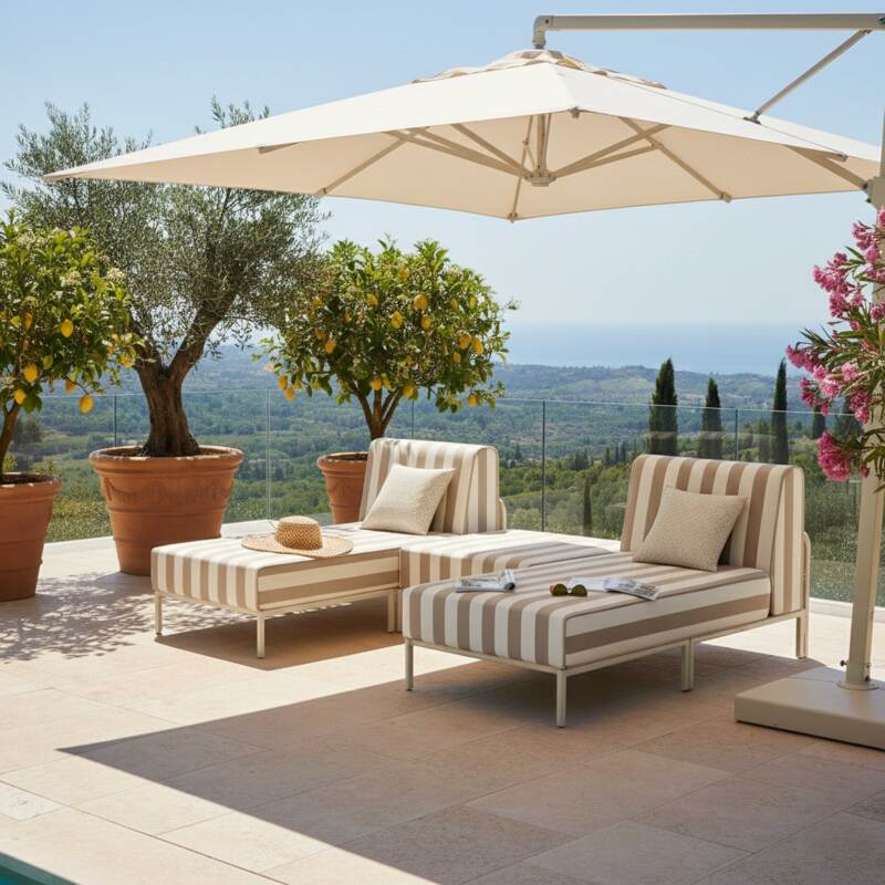 Divano modulare da esterno a righe 2 posti con 2 chaise longue e 1 pouf