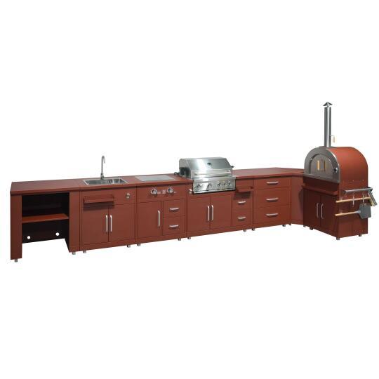 Cucina da esterno in metallo ad angolo con lavatoio da esterno, forno a legna, fornello a gas, barbecue e spazio - 7 moduli | Ov