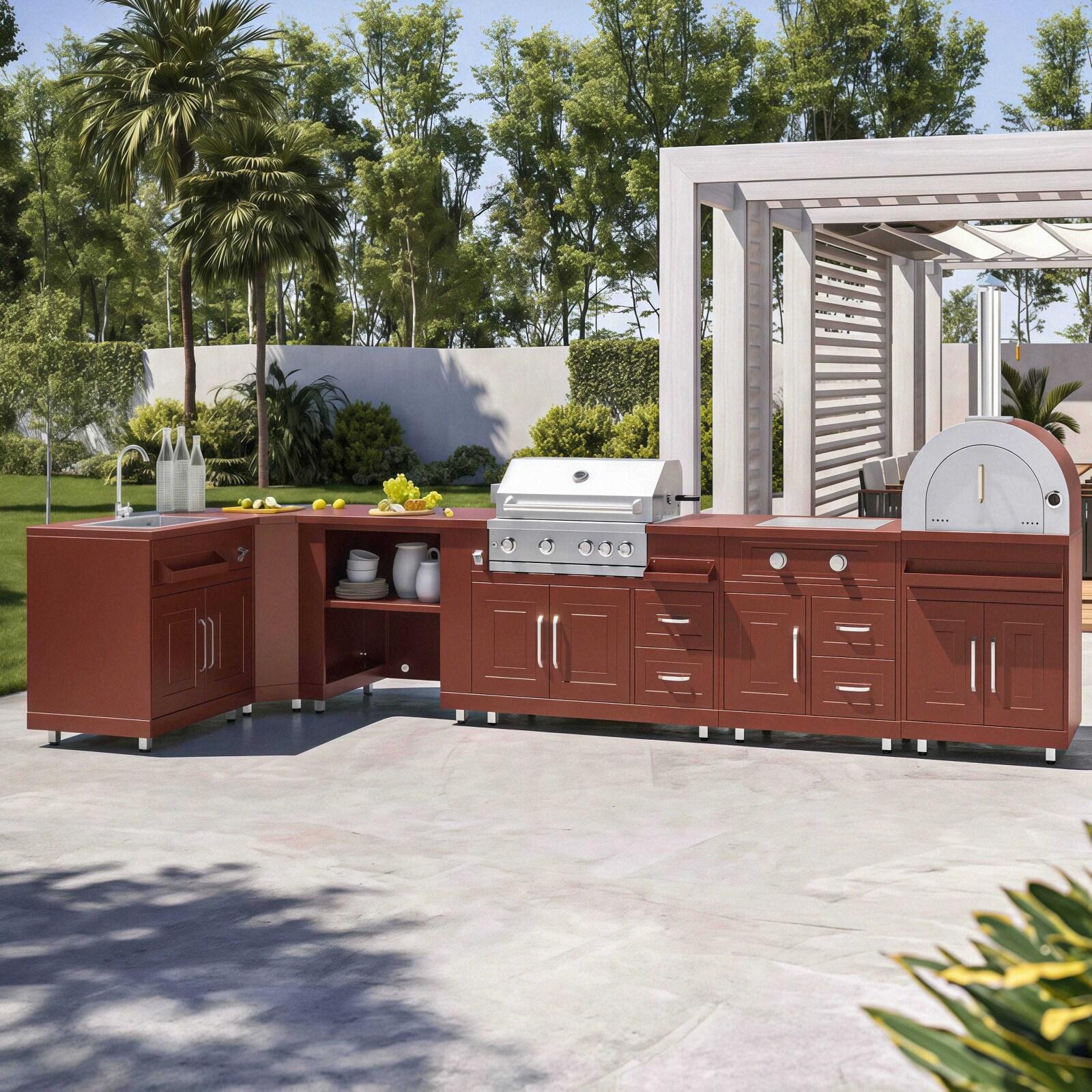 Cucina da esterno in metallo ad angolo con lavatoio da esterno, fornello a gas, barbecue e spazio - 6 moduli