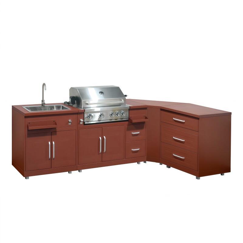 Cucina da esterno in metallo ad angolo con lavatoio da esterno, barbecue e spazio - 4 moduli