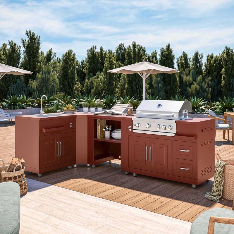 Cucina da esterno in metallo ad angolo con lavatoio da esterno, barbecue e spazio - 4 moduli - Lifestyle