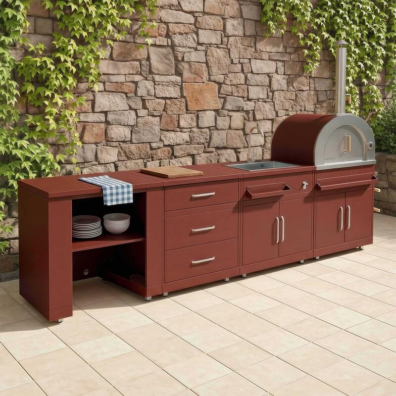 Cucina da esterno in metallo con lavatoio da esterno, forno a legna e spazio - 4 moduli - Lifestyle