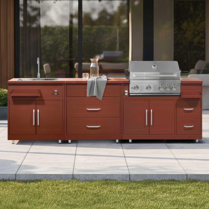 Cucina da esterno in metallo con lavatoio da esterno, barbecue e spazio - 3 moduli - Lifestyle