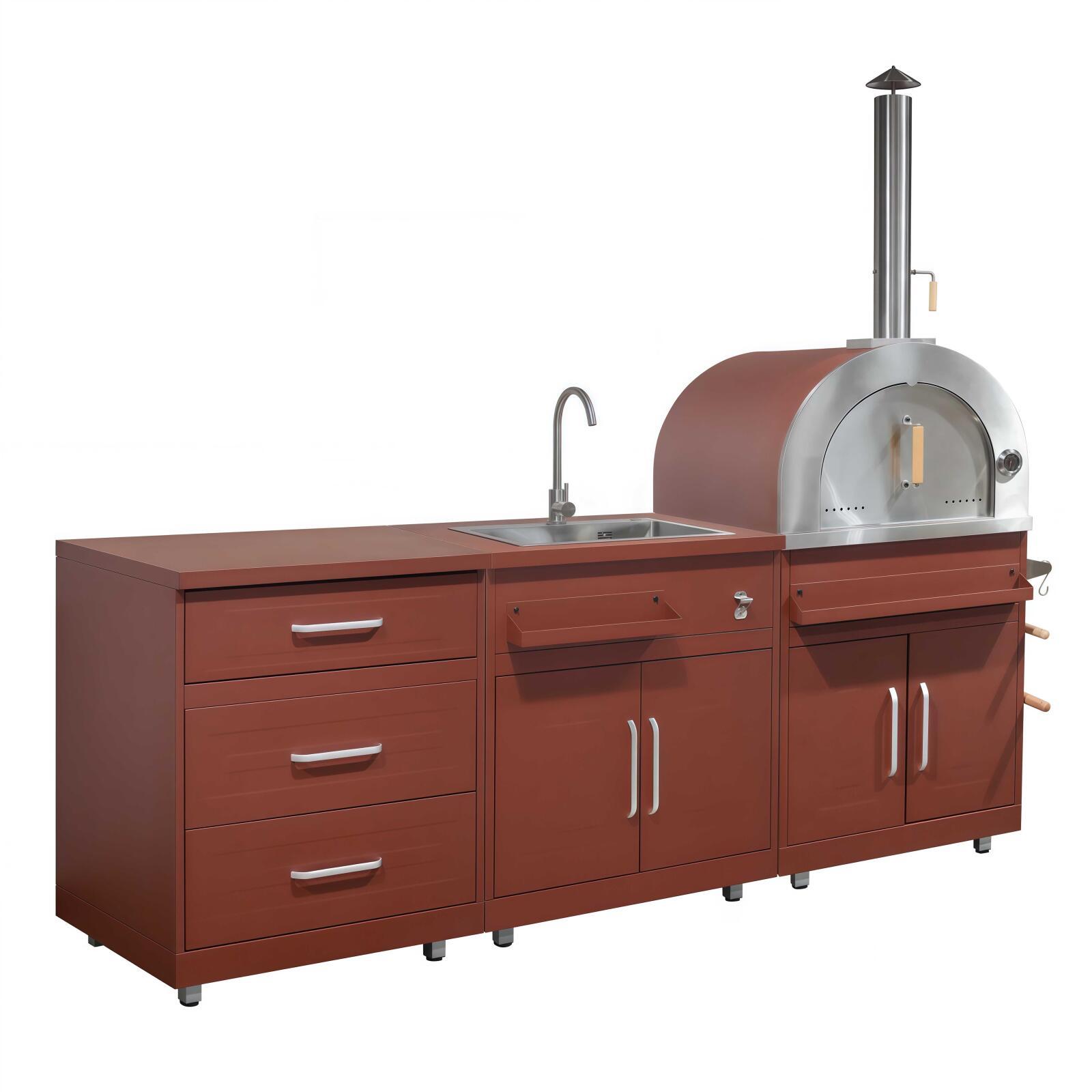 Cucina da esterno in metallo con lavatoio da esterno, forno a legna e spazio - 3 moduli