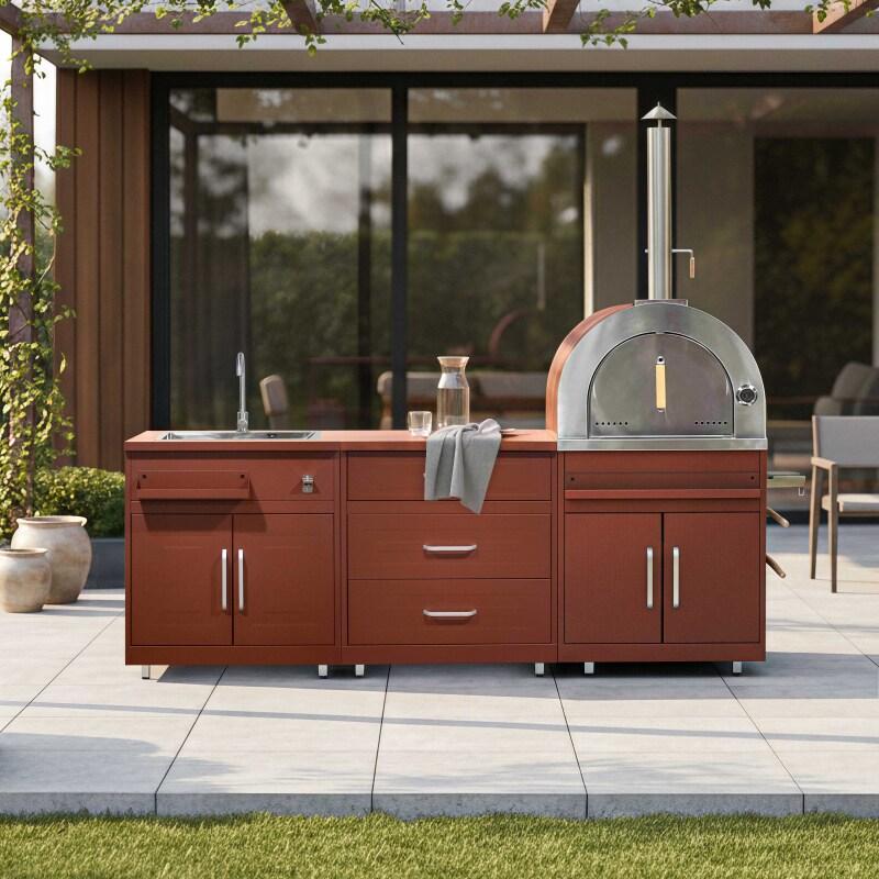 Cucina da esterno in metallo con lavatoio da esterno, forno a legna e spazio - 3 moduli - Lifestyle