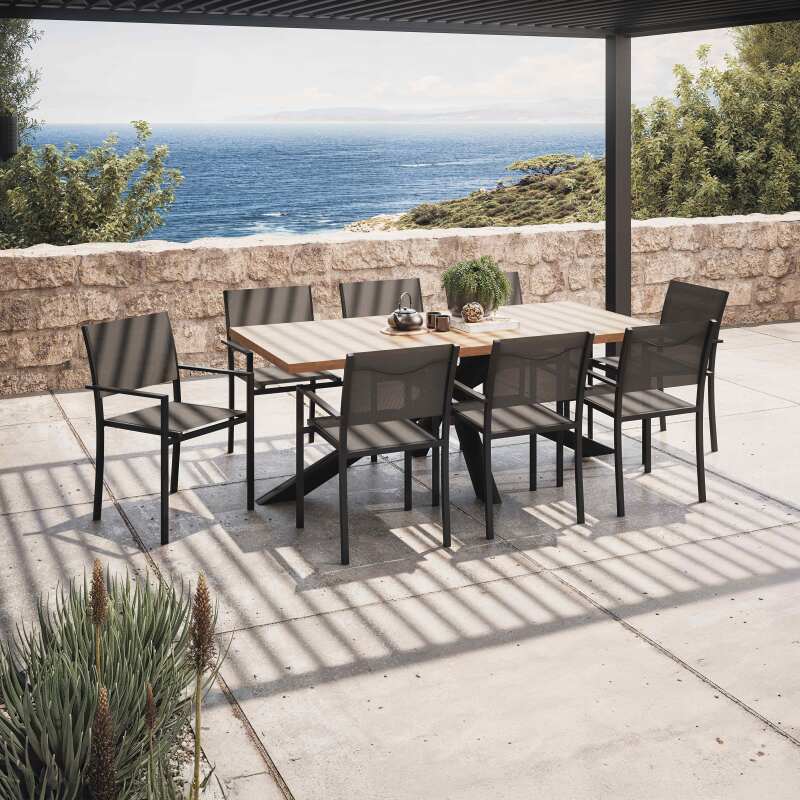 Tavolo da giardino in legno di acacia e alluminio 200x95 cm e 8 sedie con braccioli in textilene - Lifestyle
