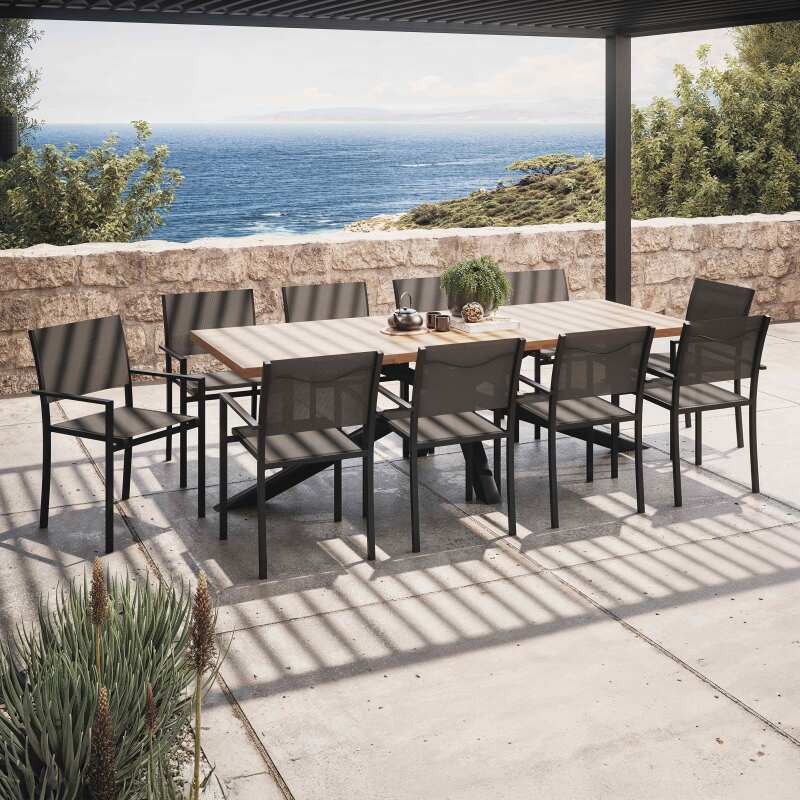 Tavolo da giardino in legno di acacia e alluminio 240x95 cm e 8 sedie con braccioli in textilene - Lifestyle