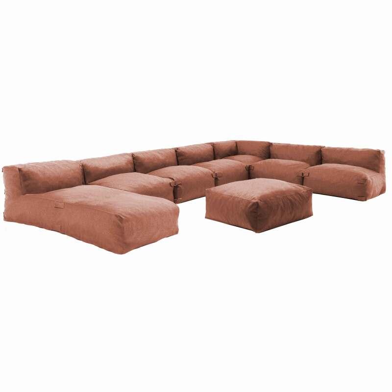 Divano modulare da esterno 7 posti con 5 poltrone, 1 poltrona angolare, 1 chaise longue e 1 pouf
