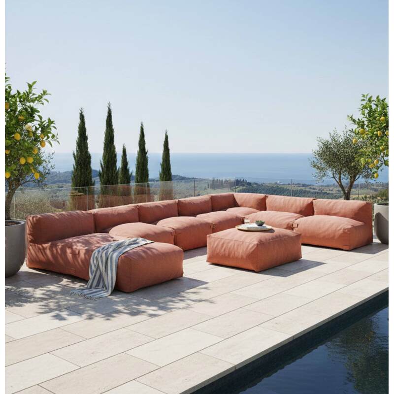 Divano modulare da esterno 7 posti con 5 poltrone, 1 poltrona angolare, 1 chaise longue e 1 pouf