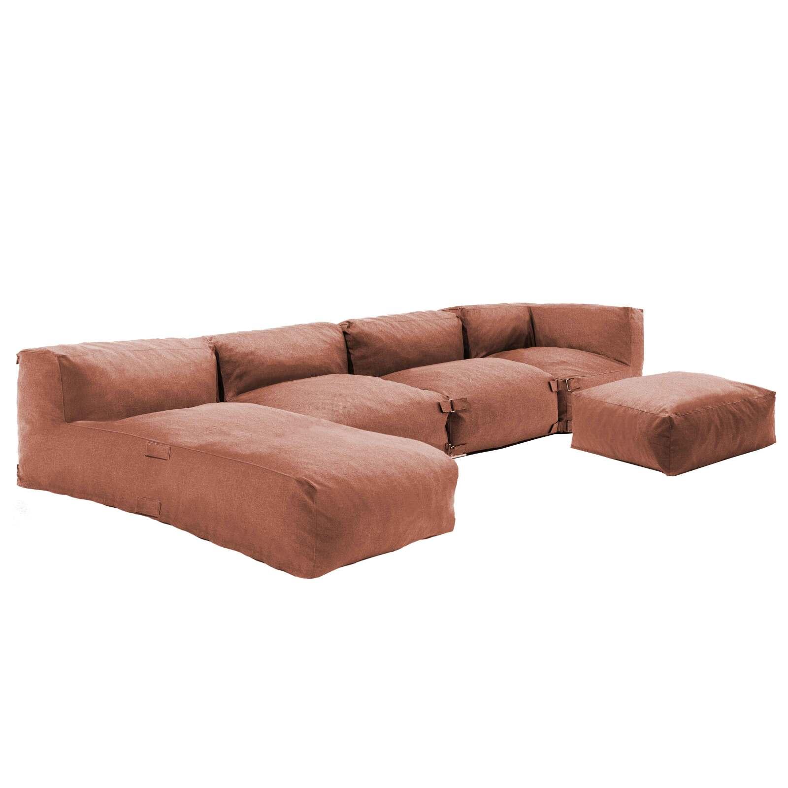 Divano modulare da esterno 4 posti con 2 poltrone, 1 poltrona angolare, 1 chaise longue e 1 pouf