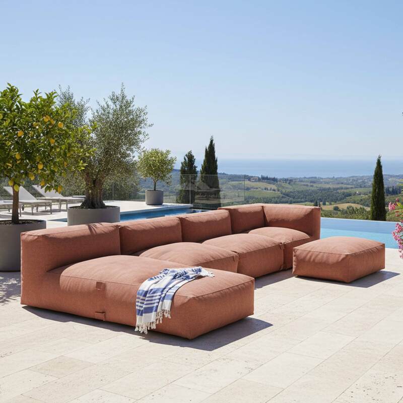 Divano modulare da esterno 4 posti con 2 poltrone, 1 poltrona angolare, 1 chaise longue e 1 pouf
