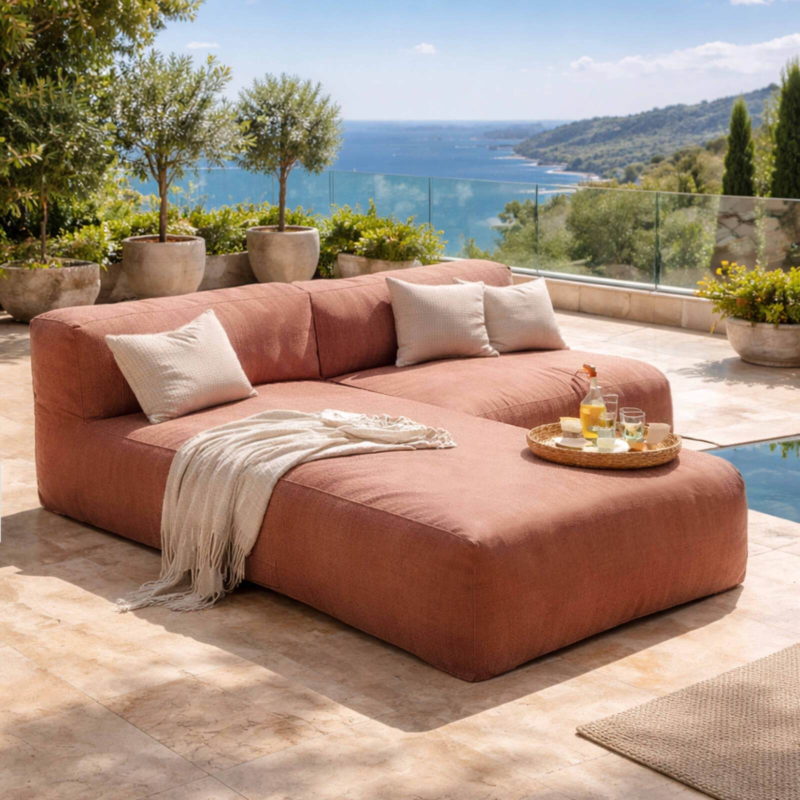 Divano modulare da esterno 2 posti con 1 poltrona e 1 chaise longue
