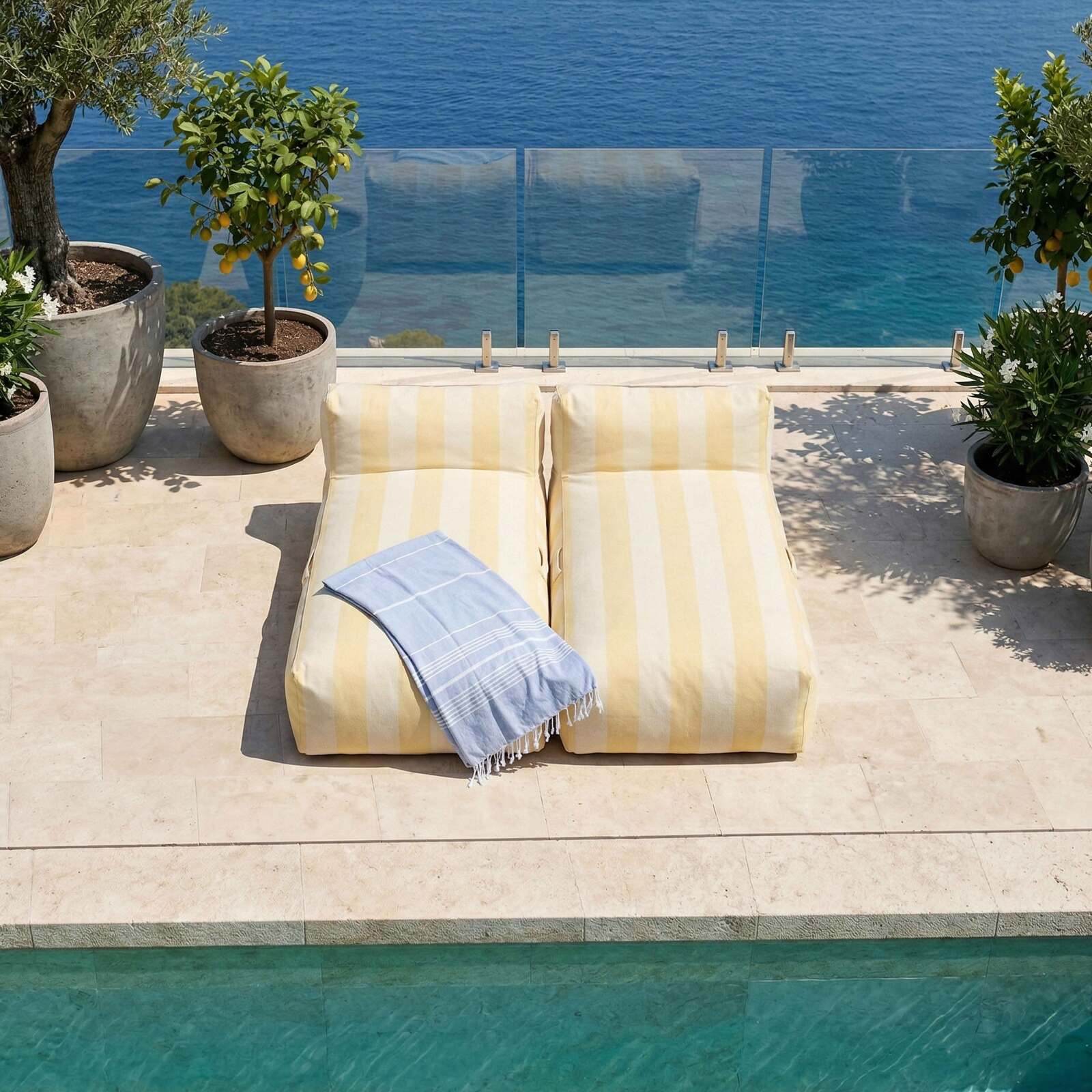 Divano modulare da esterno con 2 posti con 2 chaise longue a righe