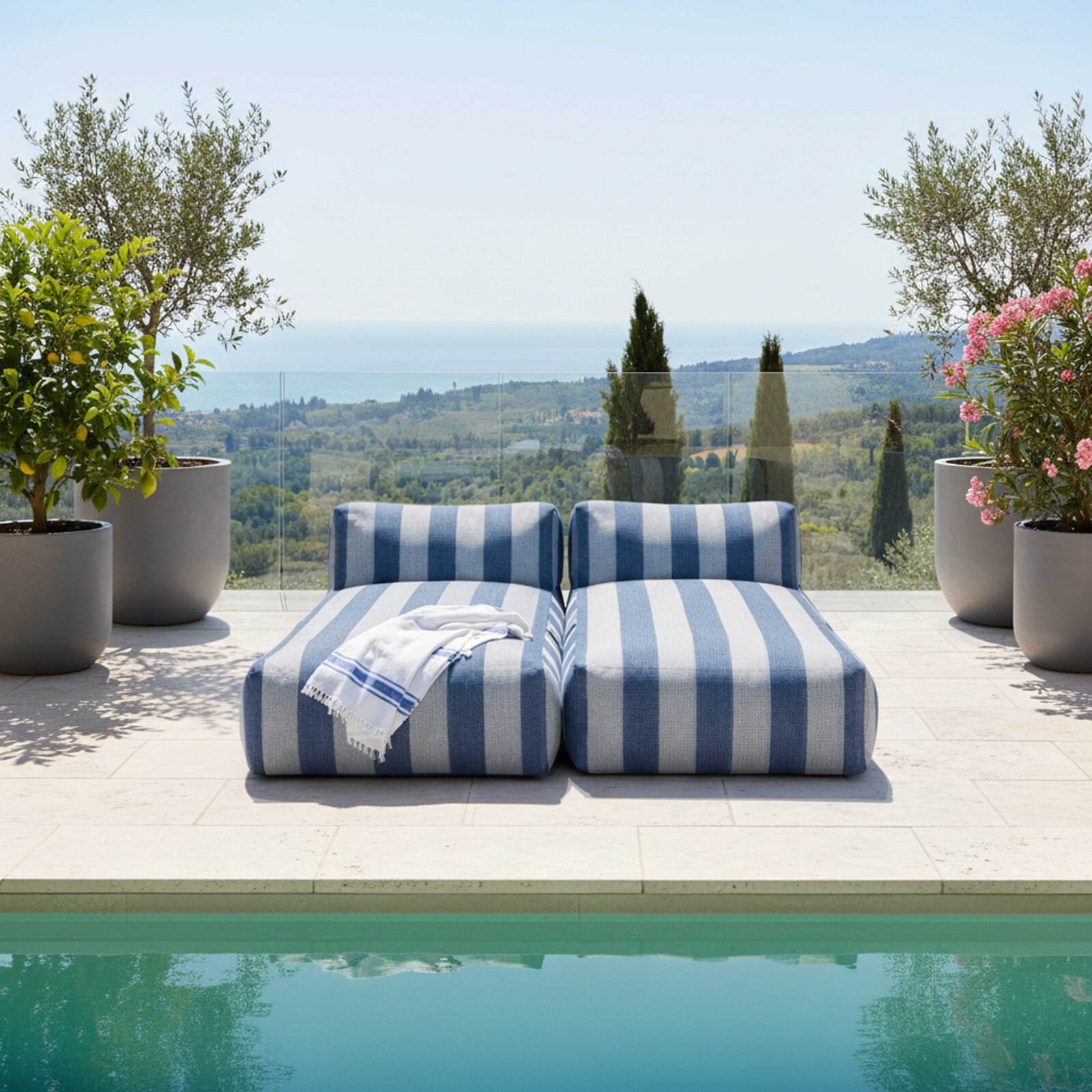 Divano modulare da esterno con 2 posti con 2 chaise longue a righe