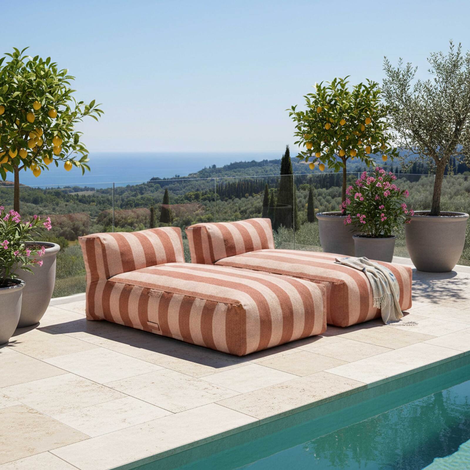 Divano modulare da esterno con 2 posti con 2 chaise longue a righe