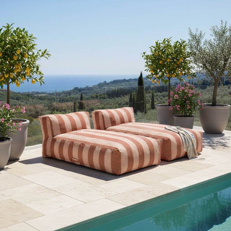 Divano modulare da esterno con 2 posti con 2 chaise longue a righe