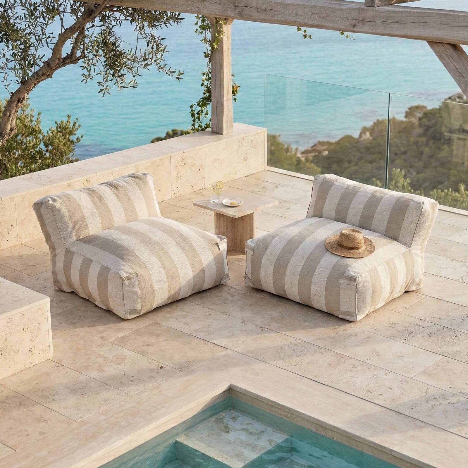 Divano modulare da esterno 2 posti con 2 poltrone a righe