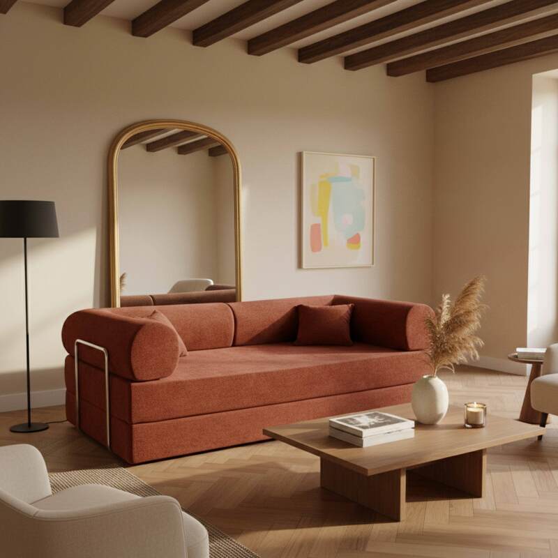 Divano letto 2 posti in tessuto con cuscini modulari