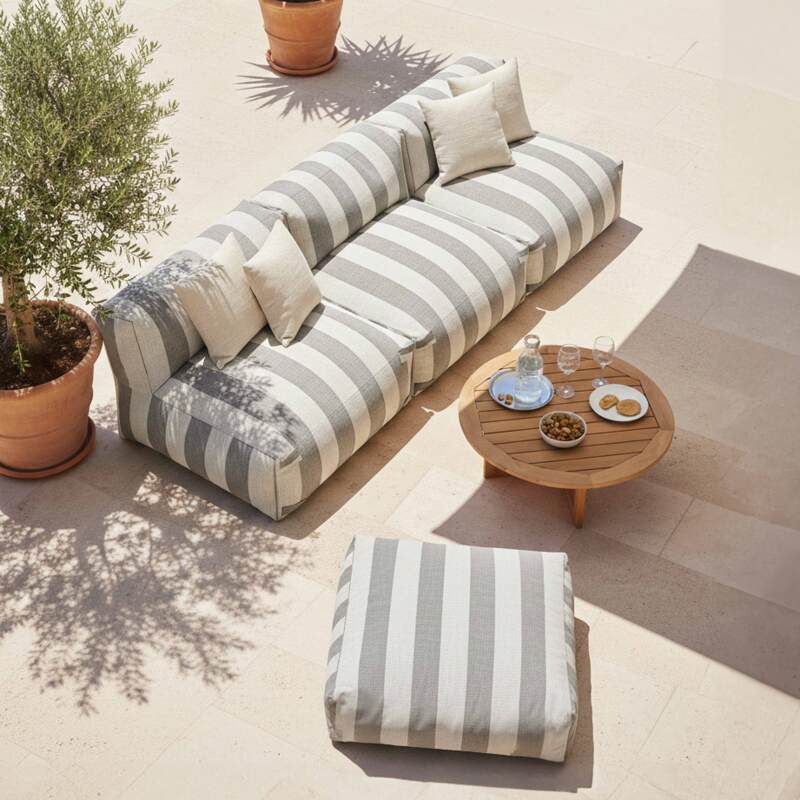 Divano modulare da esterno a righe 4 posti con 3 poltrone e 1 pouf (2/6)