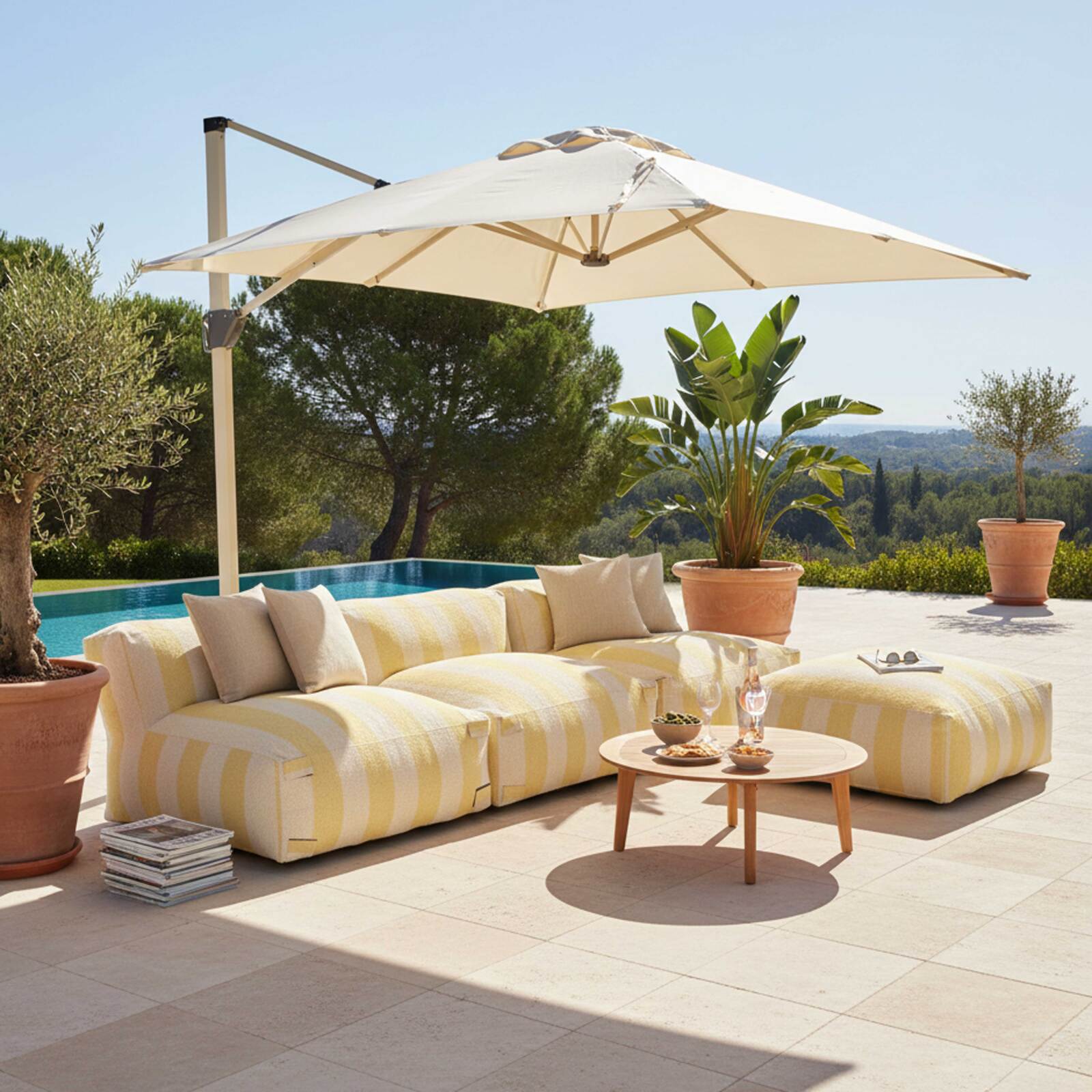 Divano modulare da esterno a righe 4 posti con 3 poltrone e 1 pouf