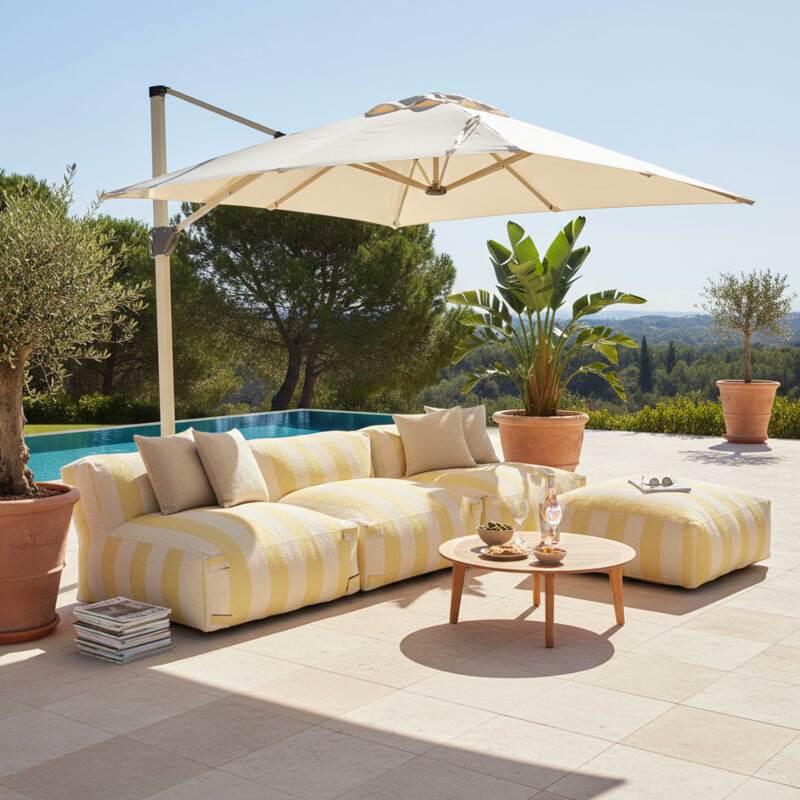 Divano modulare da esterno a righe 4 posti con 3 poltrone e 1 pouf