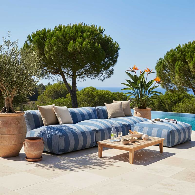 Divano modulare da esterno a righe 4 posti con 3 poltrone e 1 pouf