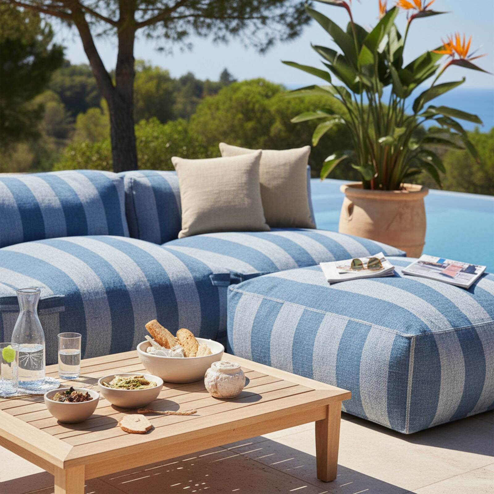 Divano modulare da esterno a righe 4 posti con 3 poltrone e 1 pouf