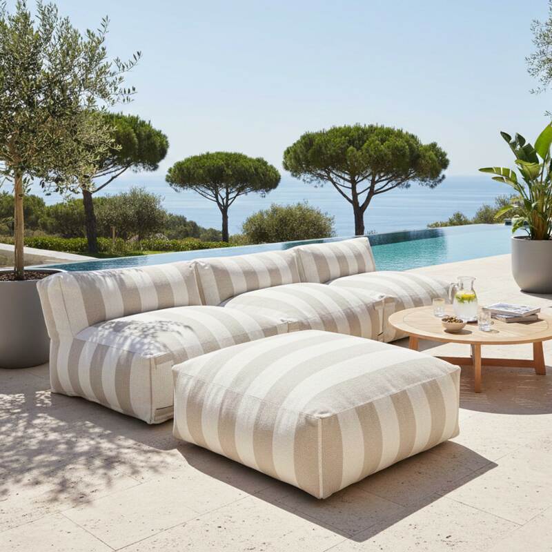Divano modulare da esterno a righe 4 posti con 3 poltrone e 1 pouf
