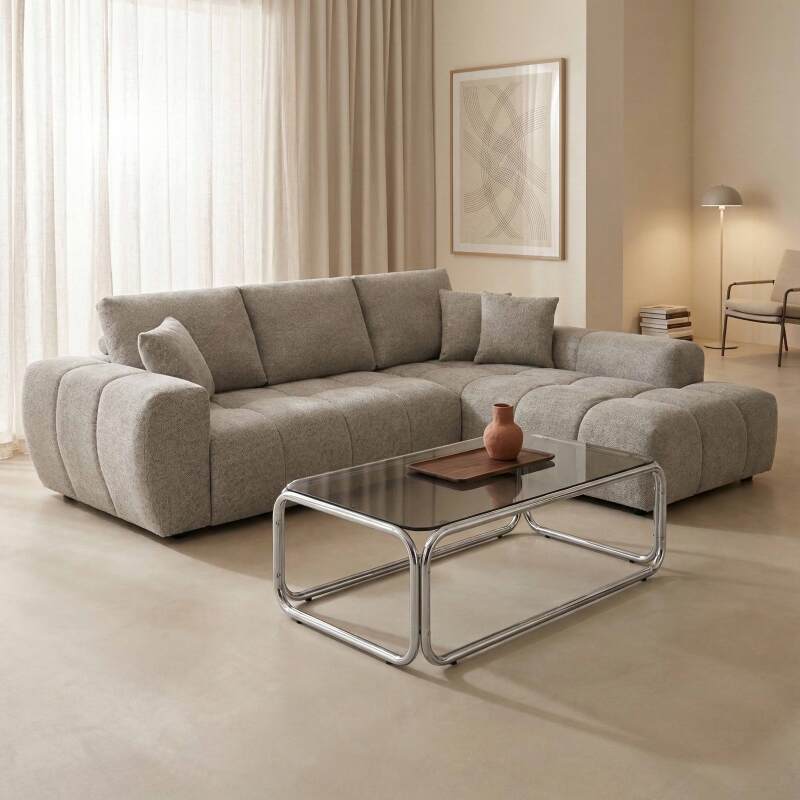 Divano angolare 3 posti in tessutocon chaise longue destra e cuscini