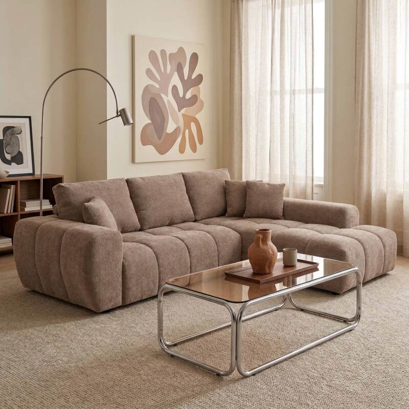 Divano angolare 3 posti in tessutocon chaise longue destra e cuscini