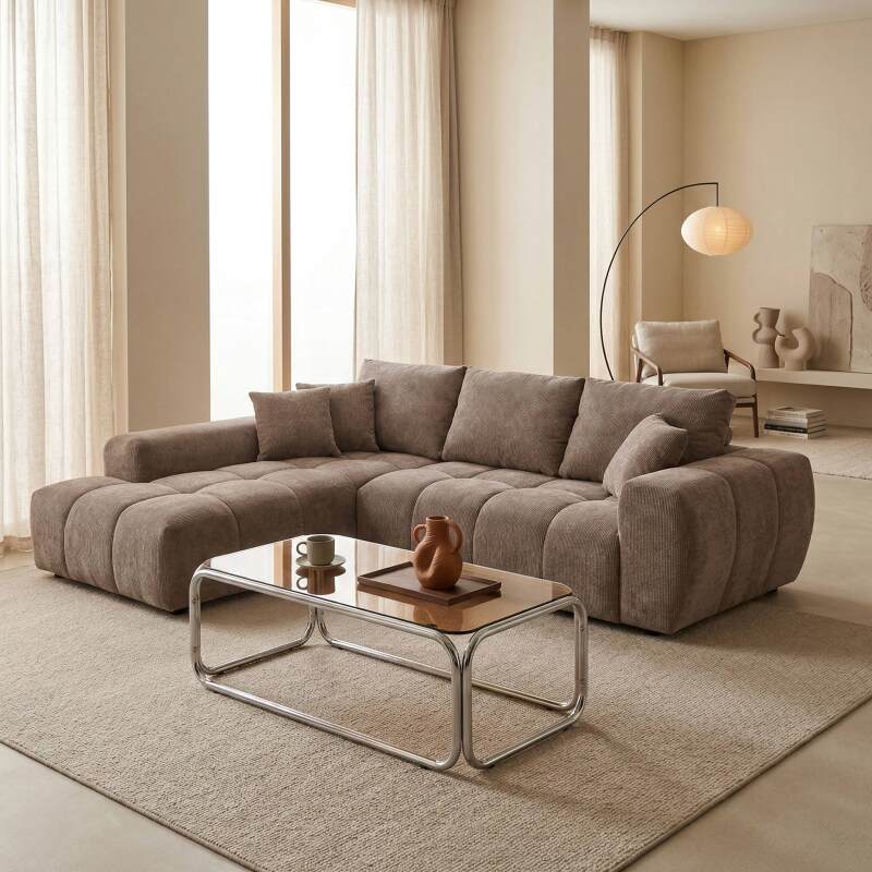 Divano angolare 3 posti in tessuto con chaise longue sinistra e cuscini